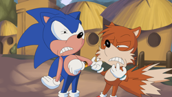 Size: 3840x2160 | Tagged: safe, artist:cacti, miles "tails" prower, sonic the hedgehog, adventures of sonic the hedgehog, 2022, abstract background, daytime, duo, faic, flat colors, meme, nice watch nerds!, outdoors, reaction image, redraw, sonic paradox, squinting, standing, style emulation, watch