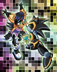 Size: 1024x1280 | Tagged: safe, artist:bellseashell, nicole the hololynx, shard the metal, lynx, 2017, duo, female, holding hands, hololynx, looking at each other, male, robot, shardicole, shipping, straight, valentine's day, watermark