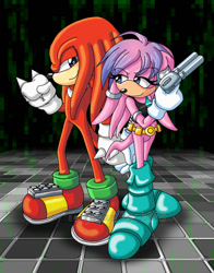 Size: 1024x1304 | Tagged: safe, artist:bellseashell, julie-su, knuckles the echidna, echidna, 2013, duo, female, holding hands, holding something, julie-su x knuckles, male, pistol, pose, shipping, standing, straight, watermark, weapon