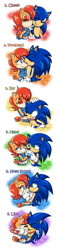 Size: 698x2971 | Tagged: safe, artist:bellseashell, sally acorn, sonic the hedgehog, chipmunk, hedgehog, 2019, duo, hand on cheek, hand on head, hugging, kiss, kiss on cheek, kiss on ear, kiss on forehead, kiss on hand, kiss on lips, sally x sonic, sally's ringblader outfit, shipping, snuggling, straight, watermark