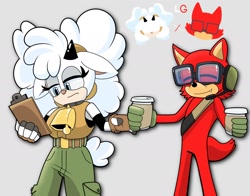 Size: 2000x1566 | Tagged: safe, artist:cyberstarct, gadget the wolf, lanolin the sheep, sheep, wolf, 2025, clipboard, coffee, drink, duo, female, gadget x lanolin, glasses, holding something, male, shipping, straight