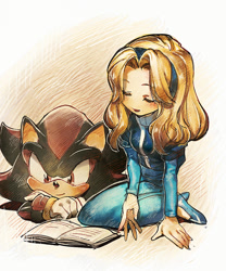 Size: 600x721 | Tagged: safe, artist:aoki6311, artist:fumomo, maria robotnik, shadow the hedgehog, hedgehog, human, 2013, blushing, book, duo, eyes closed, gradient background, looking at something, lying down, lying on front, reading, sitting, smile