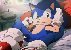 Size: 800x566 | Tagged: safe, artist:aoki6311, artist:fumomo, sonic the hedgehog, hedgehog, 2013, abstract background, bed, chili dog, curtain, daytime, food, hand on head, holding something, indoors, looking at viewer, lying back, lying down, pillow, sauce, solo, tongue out, window
