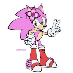 Size: 900x900 | Tagged: safe, artist:kaithephaux, sonic the hedgehog, oc, oc:sakura sonic, 2022, boots, color swap, flat colors, flower, hand on hip, pink fur, simple background, smile, solo, standing, transparent background, v sign