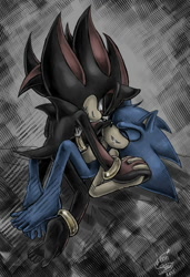 Size: 900x1315 | Tagged: safe, artist:leons-7, shadow the hedgehog, sonic the hedgehog, 2011, barefoot, duo, gay, gloves off, holding hands, pinning them, shadow x sonic, shipping, signature, smile