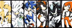 Size: 2500x1000 | Tagged: safe, artist:leons-7, knuckles the echidna, mephiles the dark, miles "tails" prower, shadow the hedgehog, silver the hedgehog, sonic the hedgehog, 2012, cracking knuckle, group, looking at viewer, looking offscreen, male, males only, ring, standing