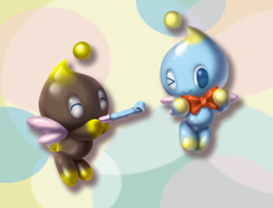 Size: 1968x1503 | Tagged: safe, artist:ayleen seraph, cheese (chao), chocola (chao), chao, 2017, abstract background, agender, agender only, cheeseabetes, chocolabetes, cute, duo, duo agender, eyes closed, faux 3d, flying, holding something, lineless, mid-air, neutral chao, party popper, smile, wink