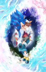Size: 589x911 | Tagged: safe, artist:carlapereiraherrer, chris thorndyke, sonic the hedgehog, hedgehog, human, 2025, abstract background, duo, duo male, eyes closed, holding them, male, males only