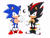 Size: 1280x985 | Tagged: safe, artist:bb3femto, shadow the hedgehog, sonic the hedgehog, hedgehog, 2024, classic shadow, classic sonic, classic sonic (universe), classic style, clenched fists, deviantart watermark, duo, duo male, frown, looking at viewer, male, males only, obtrusive watermark, pointing, simple background, smile, standing, style emulation, tyson hesse style, watermark, white background