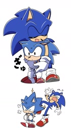 Size: 857x1535 | Tagged: safe, artist:oudooooon427, sonic the hedgehog, 2025, classic sonic, comic, cross popping vein, cute, duo, eyes closed, hugging, hugging from behind, japanese text, mouth open, self paradox, simple background, smile, sonabetes, standing, white background