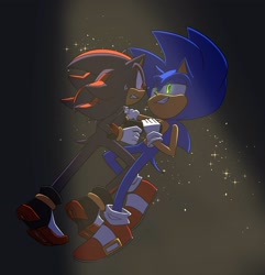 Size: 1977x2048 | Tagged: safe, artist:oudooooon427, shadow the hedgehog, sonic the hedgehog, 2025, clenched teeth, duo, gay, grin, gun, holding something, lidded eyes, looking at each other, looking at them, shadow x sonic, shipping, smile