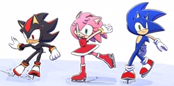Size: 2048x1018 | Tagged: safe, artist:oudooooon427, amy rose, shadow the hedgehog, sonic the hedgehog, 2025, ice, ice skates, mouth open, simple background, skating, smile, trio, white background