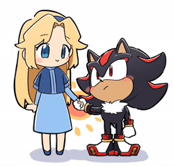 Size: 2048x1957 | Tagged: safe, artist:oudooooon427, maria robotnik, shadow the hedgehog, human, blushing, cute, duo, holding hands, looking at each other, looking at them, mariabetes, shadowbetes, simple background, standing, white background