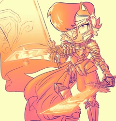 Size: 1385x1442 | Tagged: safe, artist:jadepesky, sally acorn, chipmunk, sonic and the black knight, 2021, female, fighting pose, flag, holding something, knight armor, pose, sir guinevere, solo, sword, weapon