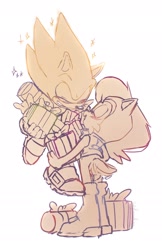 Size: 1328x2044 | Tagged: safe, artist:jadepesky, sally acorn, sonic the hedgehog, chipmunk, hedgehog, 2025, blushing, carrying something, christmas, duo, female, gift box, happy, male, sally x sonic, sally's vest and boots, shipping, simple background, straight, white background