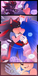 Size: 2000x4000 | Tagged: suggestive, artist:krazyelf, shadow the hedgehog, sonic the hedgehog, sonic prime, absurd res, blushing, chu, dialogue, duo, gay, hugging, kiss, scene interpretation, sfx, shadow x sonic, shipping, sonic prime s3, speech bubble