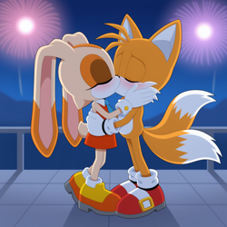 Size: 1024x1024 | Tagged: safe, ai art, cream the rabbit, miles "tails" prower, 2026, abstract background, blushing, cream x tails, duo, eyes closed, firework, kiss, new years, nighttime, outdoors, prompter:dragonsoul2875, railing, shipping, standing, straight