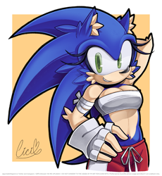 Size: 1567x1700 | Tagged: safe, artist:gumballoflegend, sonic the hedgehog, 2026, arm behind head, arm fluff, cheek fluff, clothes, crop top, ear fluff, fingerless gloves, hand behind head, midriff, shorts, signature, smile, smiling at viewer, solo, standing, trans female, trans girl sonic, transfeminine, transgender