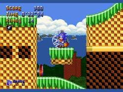 Size: 320x240 | Tagged: safe, artist:lady-bluestreak, miles "tails" prower, sonic the hedgehog, 2017, classic sonic, classic tails, clouds, duo, fake screenshot, floating platform, grass, life counter, pixel art, ring counter, score counter, shield (power-up), sonic 4:episode 1, splash hill zone, sprite, standing, thunder shield, time counter, water