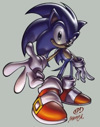 Size: 792x1000 | Tagged: safe, artist:thechamba, artist:thekidkaos, sonic the hedgehog, hedgehog, 2005, collaboration, grey background, looking at viewer, reaching out, reaching towards the viewer, signature, simple background, smile, smiling at viewer, solo, standing