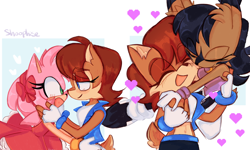 Size: 2048x1228 | Tagged: safe, artist:shoopise, amy rose, nicole the hololynx, sally acorn, amy x sally, cute, heart, lesbian, nicole x sally, sallamy, shipping