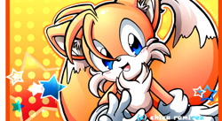 Size: 869x477 | Tagged: safe, artist:chicaramirez, miles "tails" prower, 2009, abstract background, cute, ear fluff, looking at viewer, mouth open, open smile, outline, smile, smiling at viewer, solo, star (symbol), tailabetes