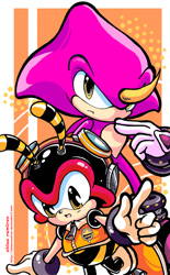 Size: 523x842 | Tagged: safe, artist:chicaramirez, charmy bee, espio the chameleon, 2010, abstract background, charmabetes, cute, duo, espibetes, frown, happy, looking at viewer, mouth open, open smile, pointing, smile