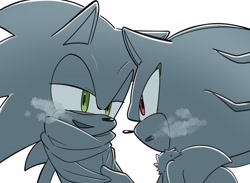Size: 2048x1500 | Tagged: safe, artist:oudooooon427, shadow the hedgehog, sonic the hedgehog, 2025, breath, duo, greyscale, lidded eyes, looking at each other, looking at them, monochrome, redraw, scarf, simple background, spot color, white background