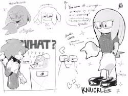 Size: 2048x1536 | Tagged: safe, artist:c_blue_justice, knuckles the echidna, sonic the hedgehog, echidna, hedgehog, 2025, alternate outfit, clothes, duo, english text, fully clothed, glasses, greyscale, japanese text, looking at each other, looking at them, male, monochrome, school, simple background, standing, watch, white background