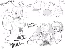 Size: 2048x1536 | Tagged: safe, artist:c_blue_justice, knuckles the echidna, miles "tails" prower, sonic the hedgehog, echidna, fox, hedgehog, 2025, blushing, chili dog, clothes, dreaming, english text, food, fully clothed, goggles, greyscale, holding something, japanese text, lab coat, male, monochrome, paperwork, school, simple background, sleeping, smile, standing, test tube, trio, white background