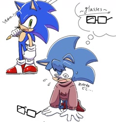 Size: 1107x1161 | Tagged: safe, artist:oudooooon427, nicky, sonic the hedgehog, hedgehog, 2025, duo, english text, glasses, holding something, japanese text, kneeling, male, simple background, sonic the hedgehog (shogakukan), sword, white background