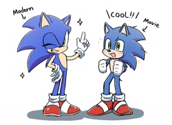 Size: 1735x1256 | Tagged: safe, artist:oudooooon427, sonic the hedgehog, hedgehog, sonic the hedgehog (2020), 2025, duo, english text, looking at them, male, self paradox, simple background, smile, sparkles, standing, white background, wink