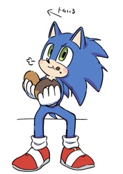 Size: 1112x1567 | Tagged: safe, artist:oudooooon427, sonic the hedgehog, hedgehog, sonic the hedgehog (2020), 2025, arrow, donut, eating, food, holding something, japanese text, male, simple background, sitting, solo, white background