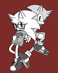 Size: 1336x1661 | Tagged: safe, artist:oudooooon427, nicky, sonic the hedgehog, hedgehog, 2025, book, duo, glasses, greyscale, holding something, male, monochrome, mouth open, red background, self paradox, simple background, sonic the hedgehog (shogakukan), sweater, white background