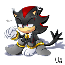 Size: 800x800 | Tagged: safe, artist:unichrome-uni, shadow the hedgehog, cat, 2013, bell, claws, collar, ear fluff, frown, lidded eyes, one fang, signature, simple background, solo, species swap, whiskers, white background