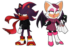 Size: 924x585 | Tagged: safe, artist:candycatstuffs, rouge the bat, shadow the hedgehog, 2021, alternate outfit, bag, beret, clothes, coat, duo, hand on hip, hat, lidded eyes, looking at them, looking offscreen, scarf, shopping bag, simple background, smile, standing, transparent background