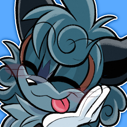 Size: 1000x1000 | Tagged: safe, artist:inspiredpixels, oc, oc:milo the fox lemur, fox, hybrid, lemur, 2025, blue background, blushing, eyebrow clipping through hair, eyes closed, fur markings, icon, oc only, outline, simple background, smile, solo, tongue out