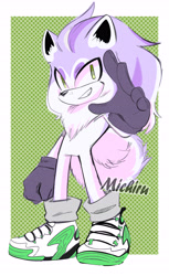 Size: 3362x5503 | Tagged: safe, artist:rin-milo, oc, oc:charly the akita, dog, 2024, akita, black gloves, chest fluff, clenched fist, ear fluff, gloves, long hair, looking at viewer, oc only, reaching out, reaching towards the viewer, shoes, smile, smiling at viewer, sneakers, solo, standing