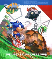 Size: 1817x2048 | Tagged: safe, artist:kornart3, flicky, robotnik, sonic the hedgehog, sonic the hedgehog (1991), 2026, ambiguous gender, classic robotnik, classic sonic, dust clouds, eggmobile, english text, fight, flower, frown, grass, japanese text, male, mid-air, orange brown checkerboard, palm tree, running, signature, sunflower, text, tree, trio, wrecking ball