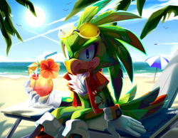 Size: 1219x944 | Tagged: safe, artist:survivalstep, jet the hawk, bird, 2019, beach, chest fluff, cocktail, cocktail glass, daytime, drink, holding something, literal animal, looking at viewer, open shirt, outdoors, palm tree, shirt, sitting, smile, smiling at viewer, solo, sunglasses, umbrella