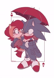 Size: 1423x2048 | Tagged: safe, artist:jadepesky, sally acorn, sonic the hedgehog, chipmunk, hedgehog, 2026, alternate outfit, artist signature, blushing, card background, carrying them, clothes, duo, female, looking at each other, male, sally x sonic, scarf, shipping, straight, umbrella