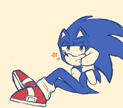 Size: 800x702 | Tagged: safe, artist:buttersss__, sonic the hedgehog, 2024, flat colors, frown, head rest, lidded eyes, simple background, sitting, solo, star (symbol)