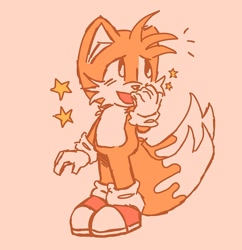 Size: 800x826 | Tagged: safe, artist:buttersss__, miles "tails" prower, 2024, flat colors, looking offscreen, mouth open, open smile, simple background, smile, solo, standing, star (symbol)