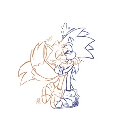 Size: 800x801 | Tagged: safe, artist:buttersss__, miles "tails" prower, sonic the hedgehog, 2024, age difference, blushing, duo, gay, heart, hugging, line art, monochrome, mouth open, open smile, shipping, signature, simple background, smile, sonic x tails, standing