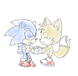 Size: 720x708 | Tagged: safe, artist:soysamylis, miles "tails" prower, sonic the hedgehog, 2026, age difference, cute, duo, eyes closed, gay, shipping, side view, simple background, sonabetes, sonic x tails, standing, tailabetes, white background