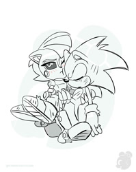 Size: 1593x2000 | Tagged: safe, artist:twincubcakes, sally acorn, sonic the hedgehog, chipmunk, hedgehog, 2026, black and white, blushing, carrying them, duo, female, male, robot, roboticized, sally x sonic, shipping, simple background, straight, walking, watermark, white background, wound