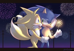 Size: 800x553 | Tagged: safe, artist:guminaxy, miles "tails" prower, sonic the hedgehog, 2026, age difference, arm around shoulders, border, duo, fireworks, gay, heart tail, looking at each other, mouth open, new years, nighttime, open smile, outdoors, powerlines, shipping, signature, smile, smiling at each other, sonic x tails, sparkler, standing, walking
