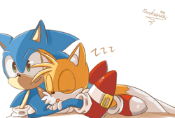 Size: 800x540 | Tagged: safe, artist:fantasiia, miles "tails" prower, sonic the hedgehog, 2012, cute, duo, eyes closed, holding them, looking offscreen, lying down, lying on front, mouth open, signature, simple background, sitting, sleeping, smile, sonabetes, tailabetes, white background, zzz