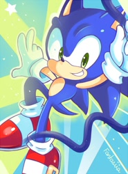 Size: 600x810 | Tagged: safe, artist:fantasiia, sonic the hedgehog, abstract background, clenched teeth, looking at viewer, mid-air, signature, smile, smiling at viewer, solo