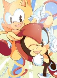 Size: 620x837 | Tagged: safe, artist:fantasiia, mighty the armadillo, ray the flying squirrel, abstract background, cute, duo, holding something, looking at viewer, mouth open, open smile, pointing, signature, smile, smiling at viewer, sparkles, star (symbol), wink